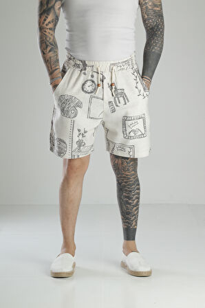 Karikatür Baskılı Keten Şort COC1468