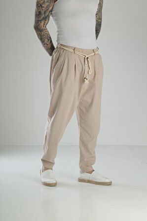 Kapgan İp Detaylı Bej Keten Pantolon COC1464
