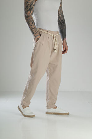 Kapgan İp Detaylı Bej Keten Pantolon COC1464