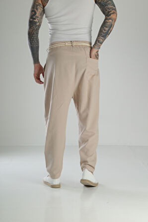 Kapgan İp Detaylı Bej Keten Pantolon COC1464