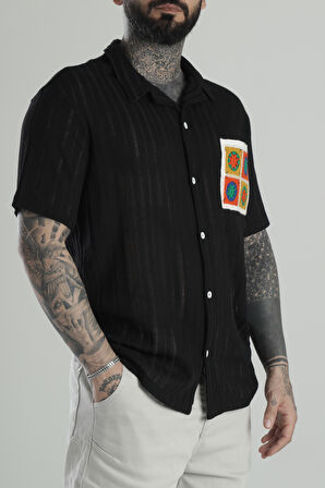 Örme Cep Detaylı Siyah Gömlek COC1451