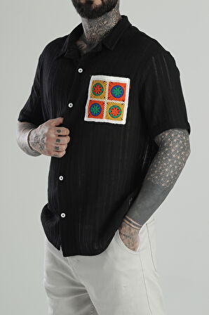 Örme Cep Detaylı Siyah Gömlek COC1451