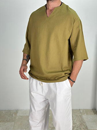 Müslin Kumaş Fakir Kol Zeytin Yeşili T-Shirt COC1549