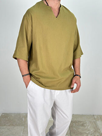 Müslin Kumaş Fakir Kol Zeytin Yeşili T-Shirt COC1549