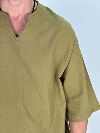 Müslin Kumaş Fakir Kol Zeytin Yeşili T-Shirt COC1549