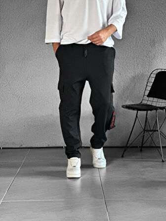Kargo Cepli Chinese Detaylı Siyah Baggy Pantolon COC1516