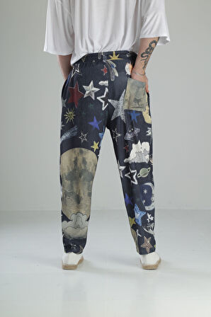 Gezegen Desenli Bürümcük Kumaş Baget Pantolon COC1677