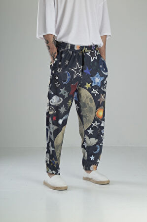 Gezegen Desenli Bürümcük Kumaş Baget Pantolon COC1677