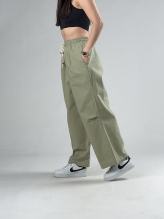 Diz Detaylı Haki Kadın Baggy Pantolon COC3092