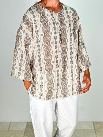 Çizgili Desenli Bohem Fakir Kol T-Shirt COC1873