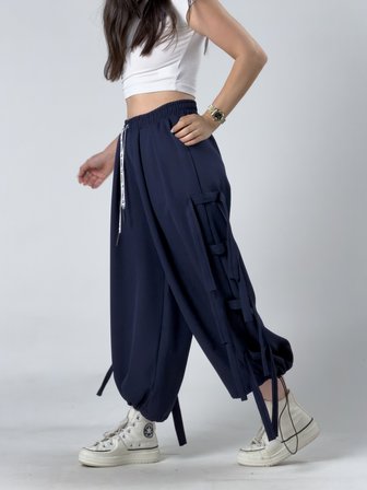 Kadın Lacivert Bol Paça İp Detaylı Salaş Pantolon COC3241