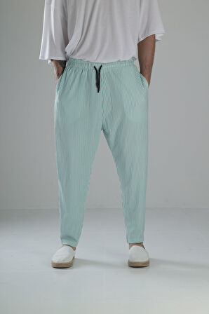 Yeşil Çizgili Bürümcük Kumaş Baget Pantolon COC1843