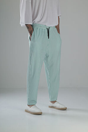 Yeşil Çizgili Bürümcük Kumaş Baget Pantolon COC1843