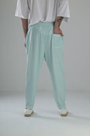 Yeşil Çizgili Bürümcük Kumaş Baget Pantolon COC1843