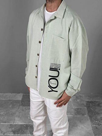 Su Yeşili Desenli Keten Gömlek COC1802