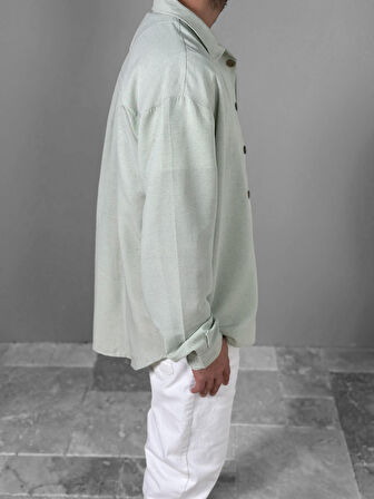 Su Yeşili Desenli Keten Gömlek COC1802