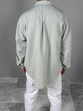 Su Yeşili Desenli Keten Gömlek COC1802