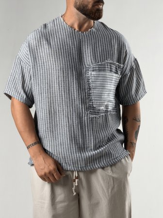 Siyah Çizgili Patch Bohem Erkek T-Shirt Coc3289