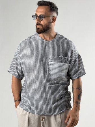 Siyah Çizgili Patch Bohem Erkek T-Shirt Coc3289
