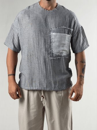Siyah Çizgili Patch Bohem Erkek T-Shirt Coc3289