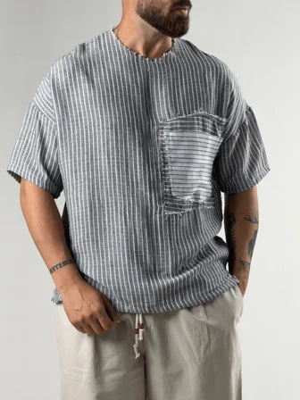 Siyah Çizgili Patch Bohem Erkek T-Shirt Coc3289