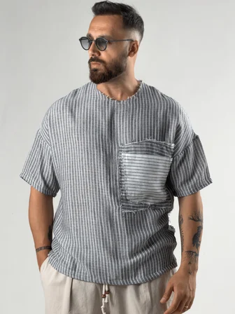 Siyah Çizgili Patch Bohem Erkek T-Shirt Coc3289