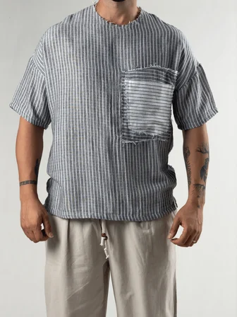 Siyah Çizgili Patch Bohem Erkek T-Shirt Coc3289