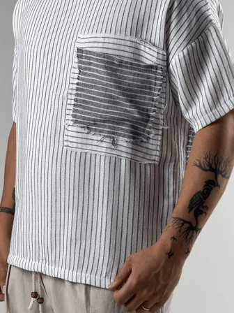 Siyah Çizgili Patch Bohem Erkek T-Shirt Coc3289