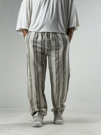 Çizgili Bej Keten Erkek Baggy Pantolon COC3290