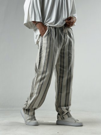 Çizgili Bej Keten Erkek Baggy Pantolon COC3290