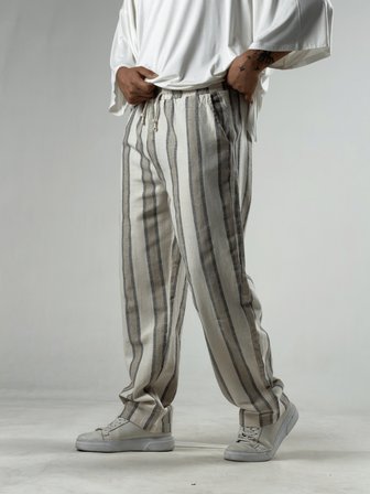 Çizgili Bej Keten Erkek Baggy Pantolon COC3290