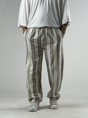 Çizgili Bej Keten Erkek Baggy Pantolon COC3290