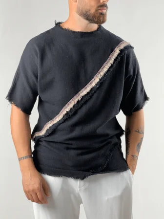 Şeritli Tasarım Erkek Siyah Buldan T-Shirt COC3292