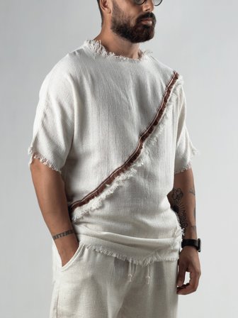 Şeritli Tasarım Bej Buldan Erkek T-Shirt COC3297