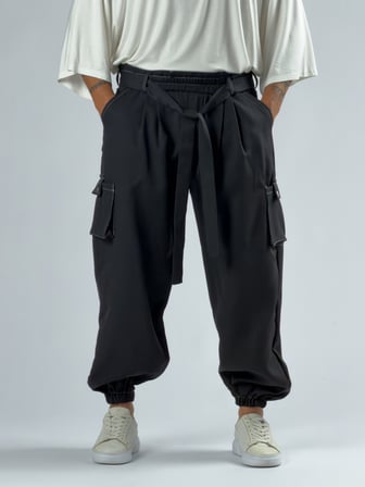 Siyah Erkek Bol Kesim Kargo Cepli Jogger Pantolon COC3301