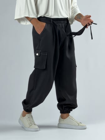 Siyah Erkek Bol Kesim Kargo Cepli Jogger Pantolon COC3301