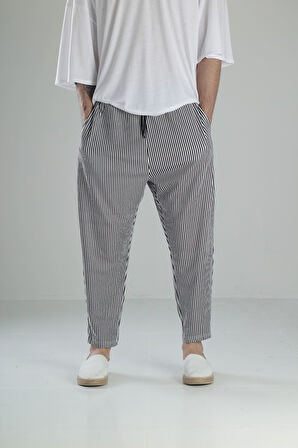 Siyah Çizgili Bürümcük Kumaş Baget Pantolon COC1976