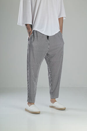 Siyah Çizgili Bürümcük Kumaş Baget Pantolon COC1976