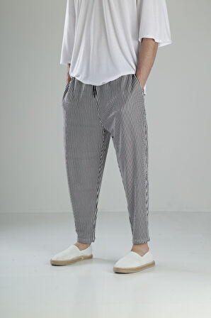 Siyah Çizgili Bürümcük Kumaş Baget Pantolon COC1976