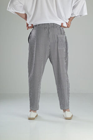 Siyah Çizgili Bürümcük Kumaş Baget Pantolon COC1976