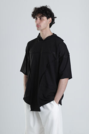 Siyah Avangard Kapüşonlu T-Shirt COC1969