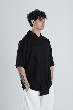 Siyah Avangard Kapüşonlu T-Shirt COC1969