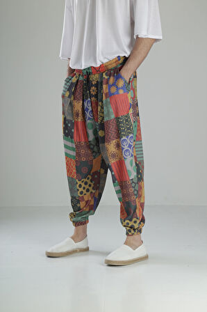 Renkli Desenli Bürümcük Kumaş Pileli Yarım Şalvar COC1953