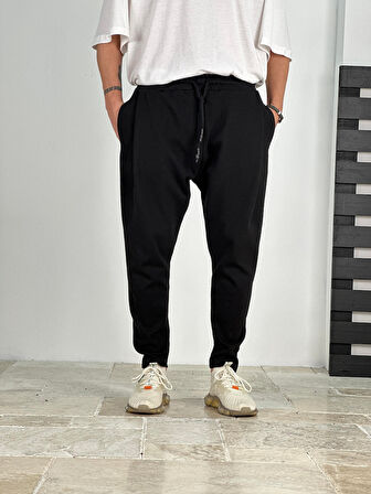 Pileli Siyah Havuç Kesim Pantolon - kumaş 3 iplik COC2092