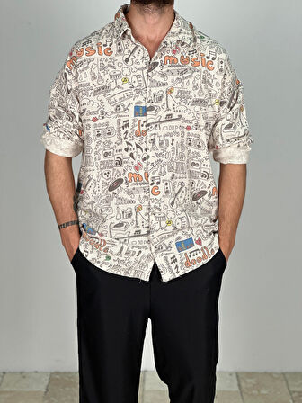 Müzik Desenli Keten Gömlek COC2059