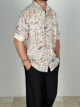 Müzik Desenli Keten Gömlek COC2059