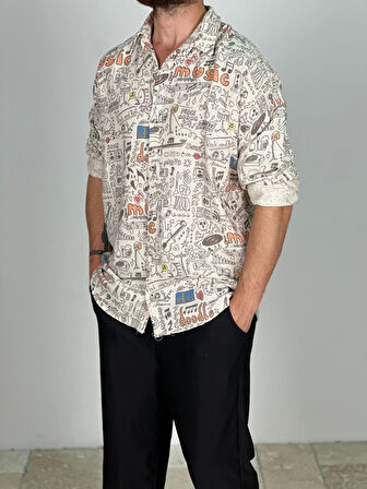 Müzik Desenli Keten Gömlek COC2059