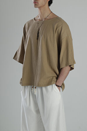 Müslin Kumaş Fakir Kol Kahve T-Shirt COC2051