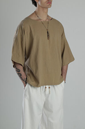 Müslin Kumaş Fakir Kol Kahve T-Shirt COC2051