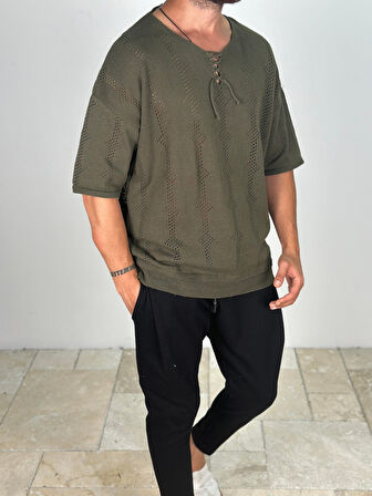 Lazer Kesim Örme Haki T-Shirt COC2021